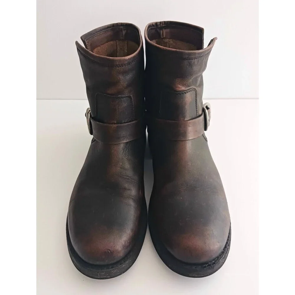 FRYE Veronica Ankle Bootie Dk Brown Distressed Leather Moto Buckle Strap 8.5 - Picture 5 of 14